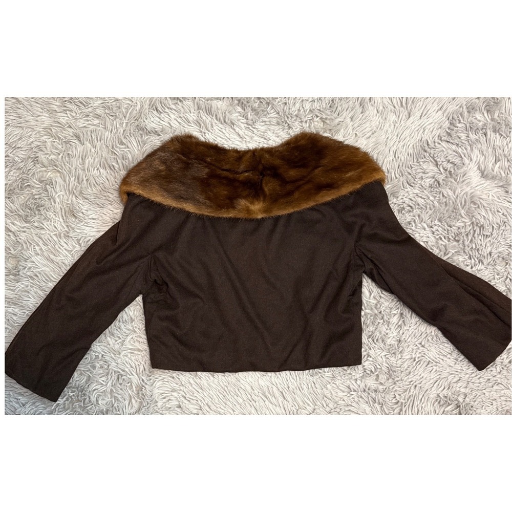 Vintage Ruth McCulloch Brown Wool Cropped Cocktail Jacket Real Mink Fur Collar - Picture 3 of 13